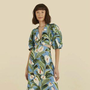 Farm Rio Anthurium Flower Baby Blue Linen Maxi Dress